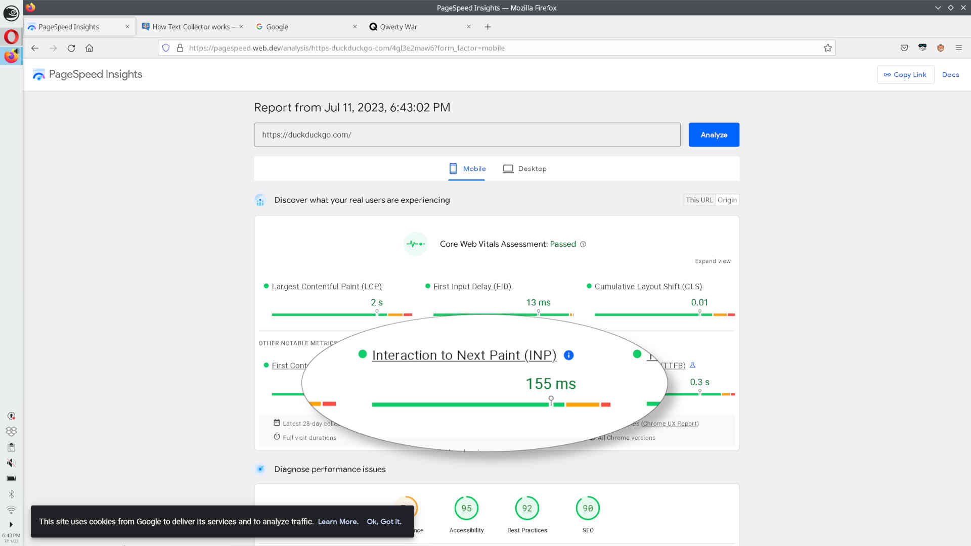 Pagespeed report of DuckDuckGo's homepage, INP in 155ms