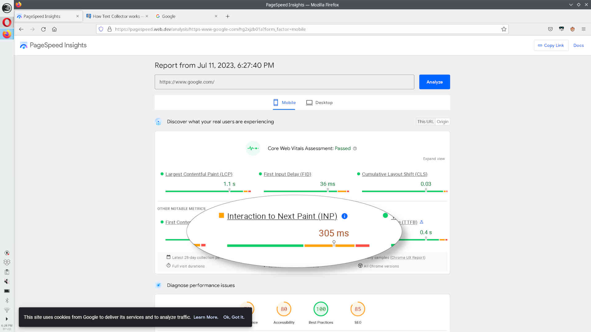 Pagespeed report of Google homepage, INP in 305ms