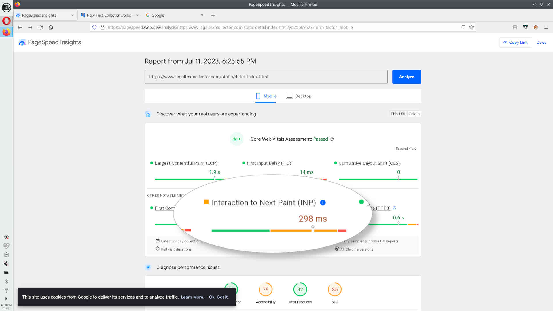 Google pagespeed report of documentation page, INP in 298ms