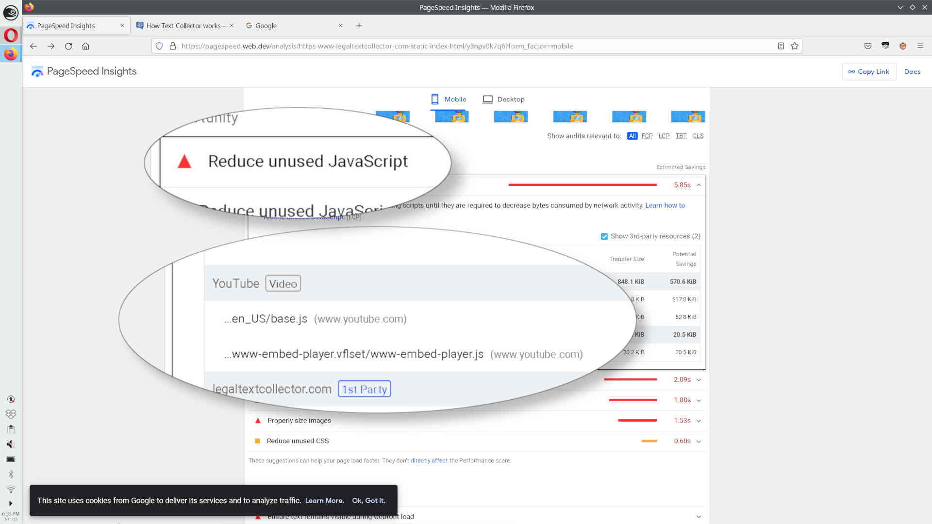 Detail of why my homepage is slow, blaming "unused javascript" from the YouTube embed