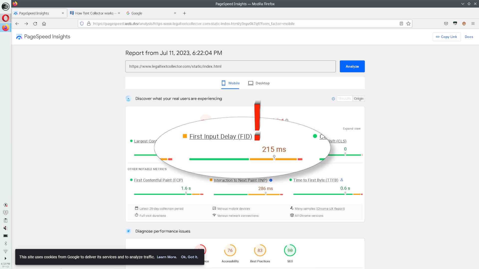 Pagespeed report of my home page, INP in 286ms, but FID in 215ms versus 14ms on docs page